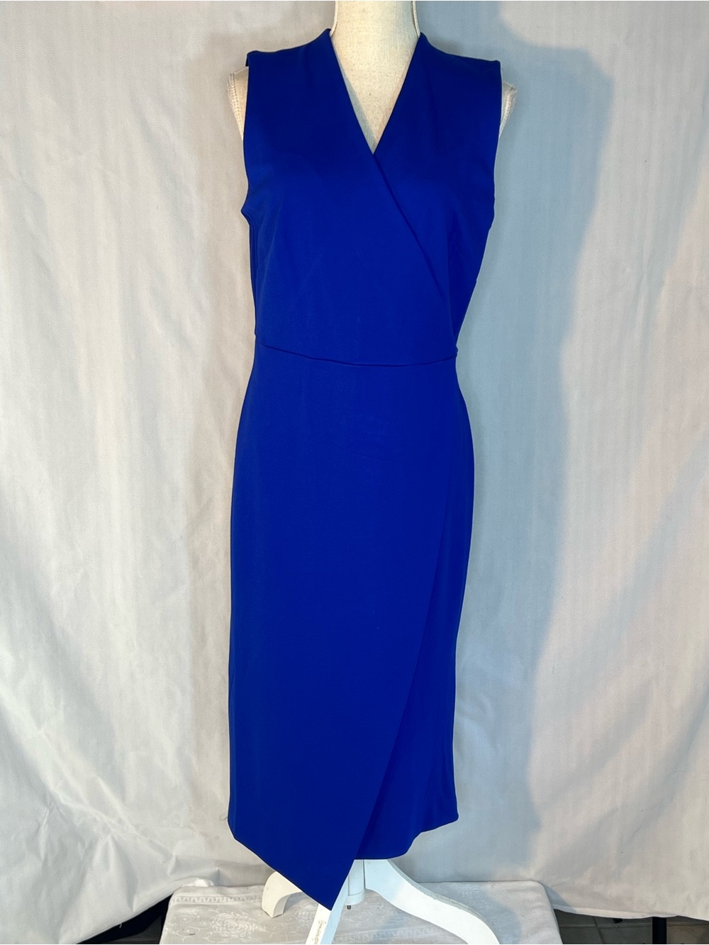 T Tahari Dress Midi Royal Blue Knit Faux Wrap V Neckline Exposed Back Zipper 8👍